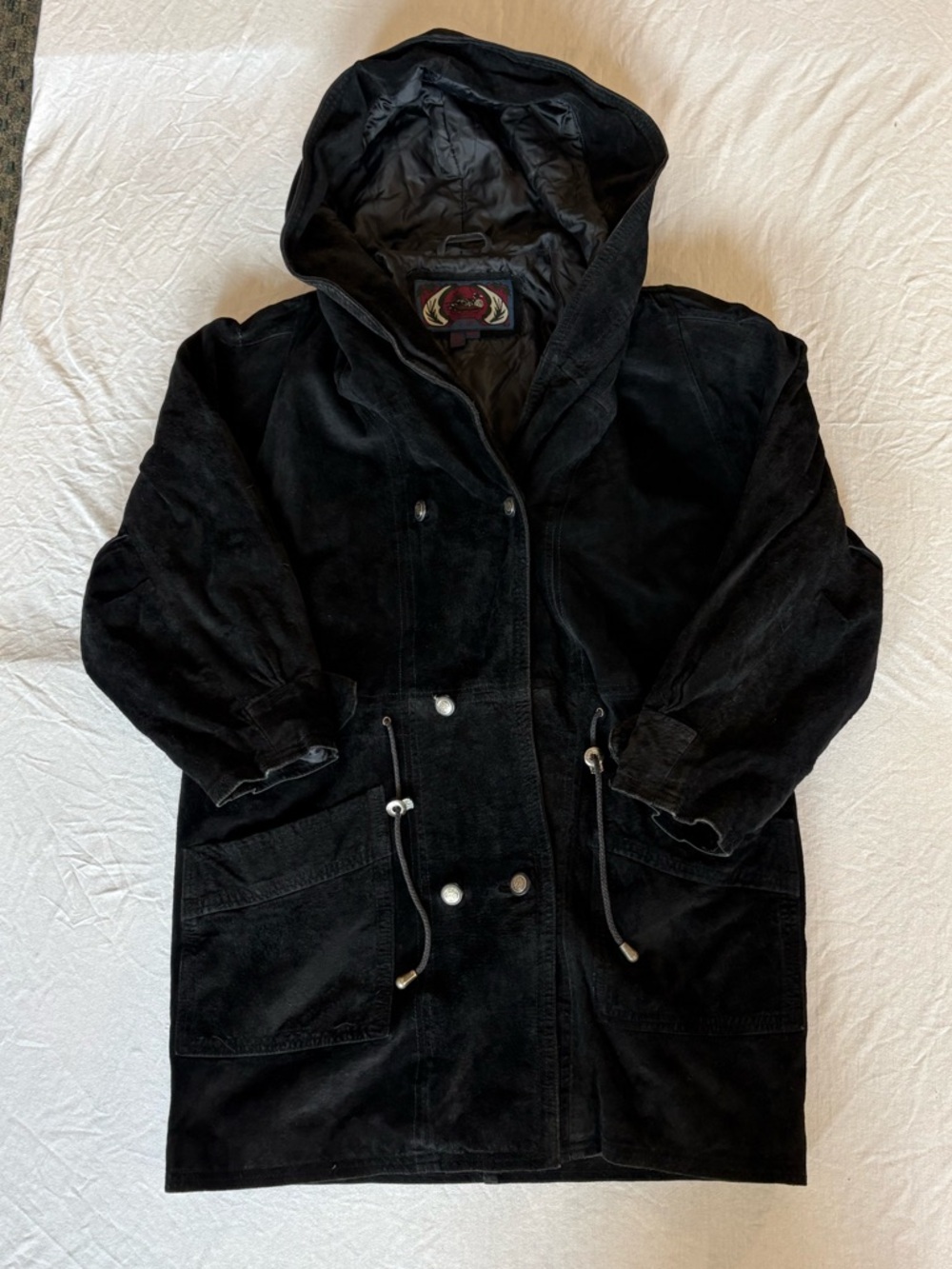 G-III Men’s Medium Black Leather Quilted Interior Hooded Trench Coat Jacket